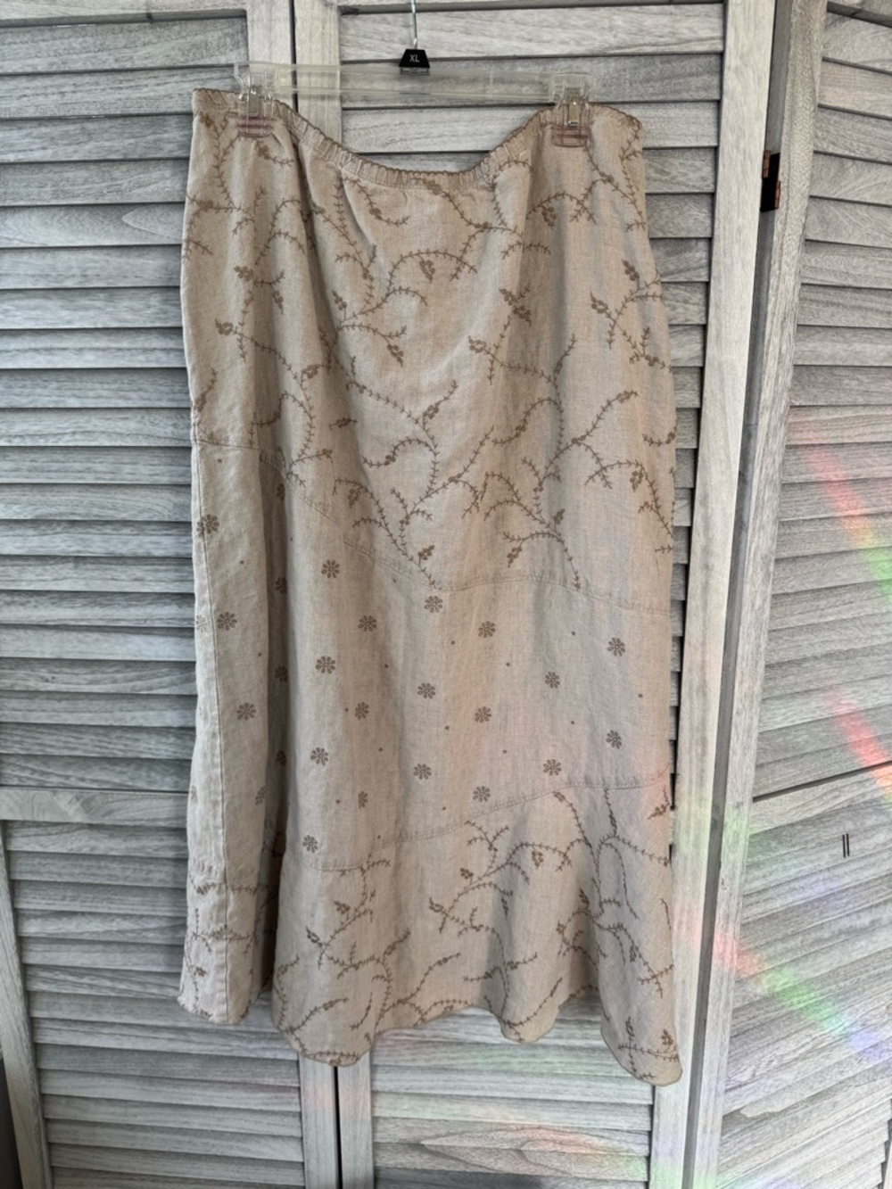 J. Jill Linen Skirt Beige with Brown Embroidered Floral, left slit